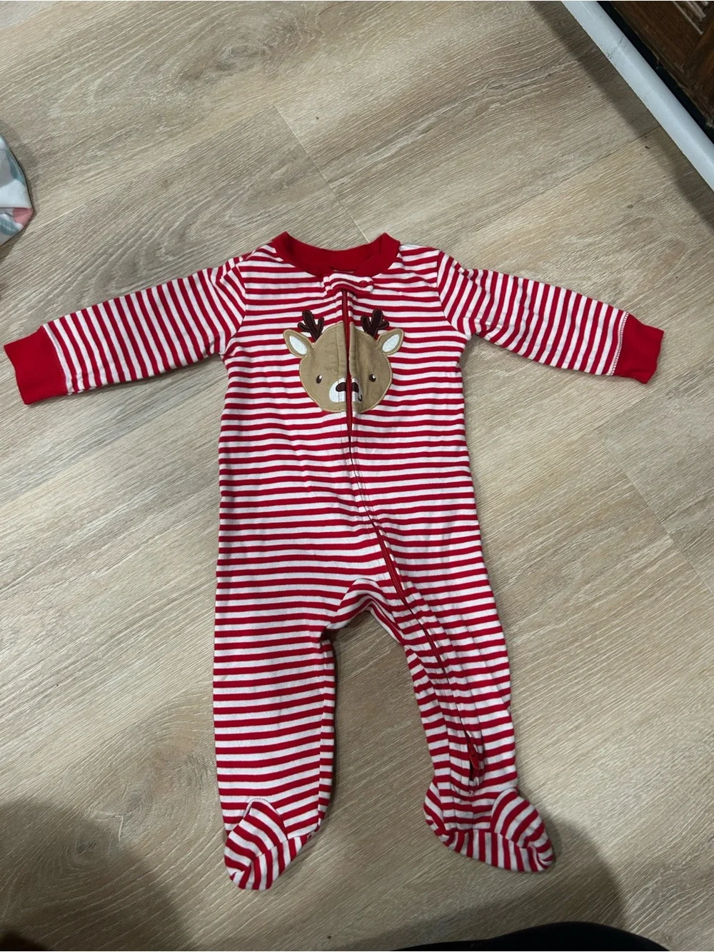 Carter's Red & White Striped Reindeer Footed Pajamas & reindeer onesie